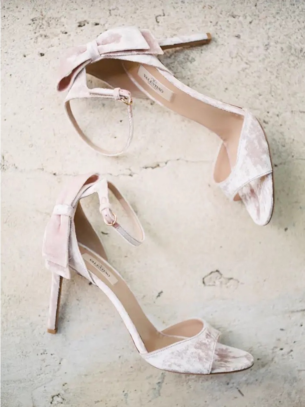 Valentino Blush Velvet Bow Ankle-Strap Stiletto Heels, size 37.5